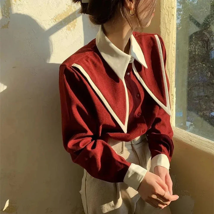 ¨ Vintage Elegant Shirts Women Chiffon Patchwork Ruffle Turn Down Collar Long Sleeve Blouse Korean Office Lady Loose Tops