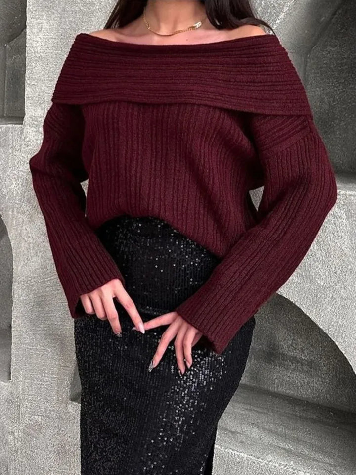 Women Solid One Neck Ribbed Sweater Fashion Off Shoulder Long Sleeve Knitted Pullover Lady Chic Street Knitwear