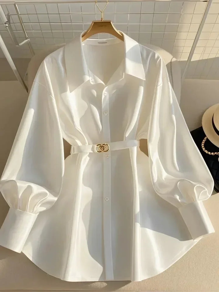 Shirt Long Sleeve Waist Slim Belt White Shirt Women Tops