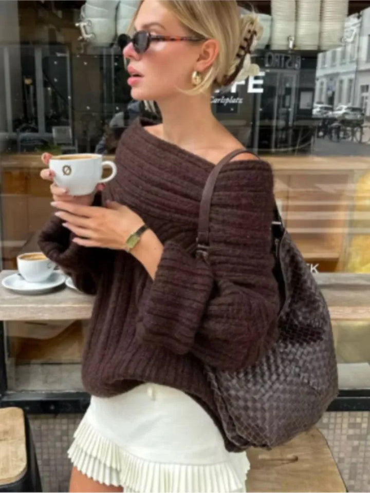 Women Solid One Neck Ribbed Sweater Fashion Off Shoulder Long Sleeve Knitted Pullover Lady Chic Street Knitwear