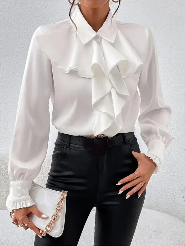 Shirts Fashion White Ruffled Elegant Blouse Tops Women New Long Sleeve Lapel Woman Shirt Solid Office Ladies Tops