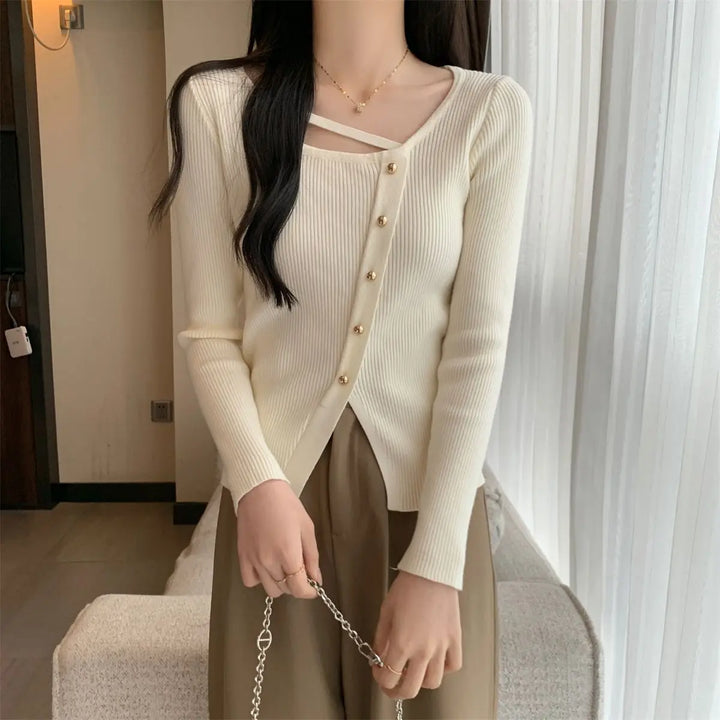 Women Clothes Fashion Button Solid Color O-neck Knitting Femme SpringAutumn  All-match Slim Long Sleeve Pullovers Bottoming Shir