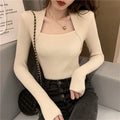 Basic Sweater Women Square Collar Knitted Pullovers Fashion Long Sleeve Knitwear Solid Simple All Match Jumpers New