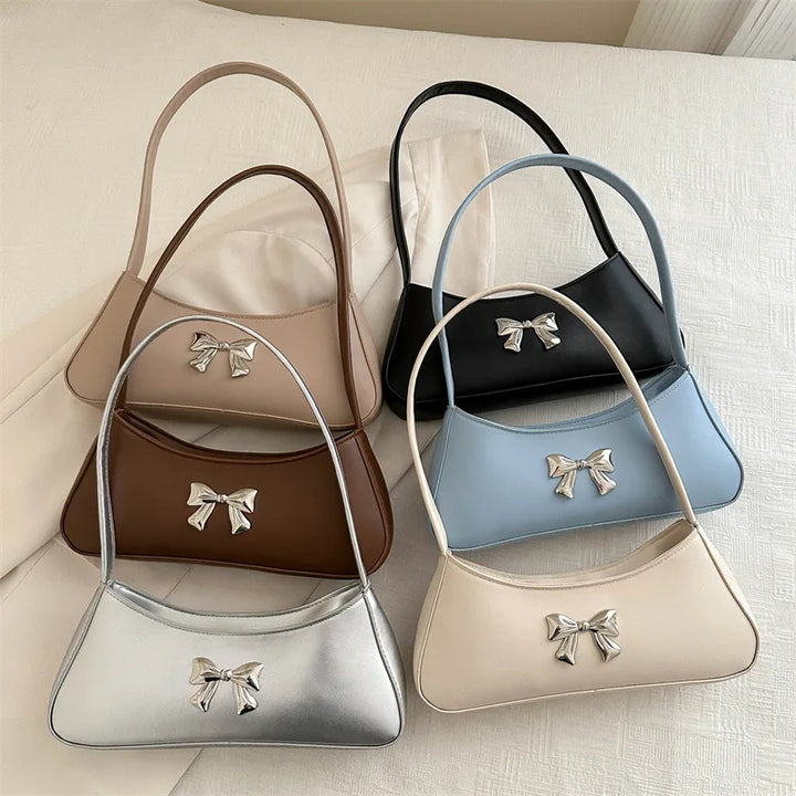 Trendy Shoulder Bag Underarm Bag Silver Bow Small Square Bag For Women