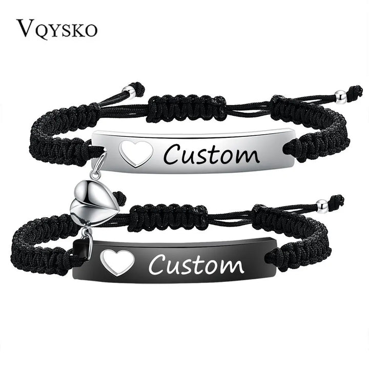 Ensemble de bracelets de couple personnalisés en acier inoxydable tissé noir avec bracelet à aspiration magnétique en forme de cœur pour femmes et hommes, accessoires de bijoux