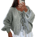 Women s Fall Tie Front Sweater Solid Color V-Neck Long Sleeve Loose Knitwear Cardigan