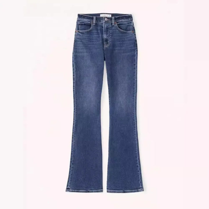 Pantalon évasé en jean pour femme, coupe ample, coupe bootcut, poches, style streetwear, légèrement extensible, couleur unie, pleine longueur