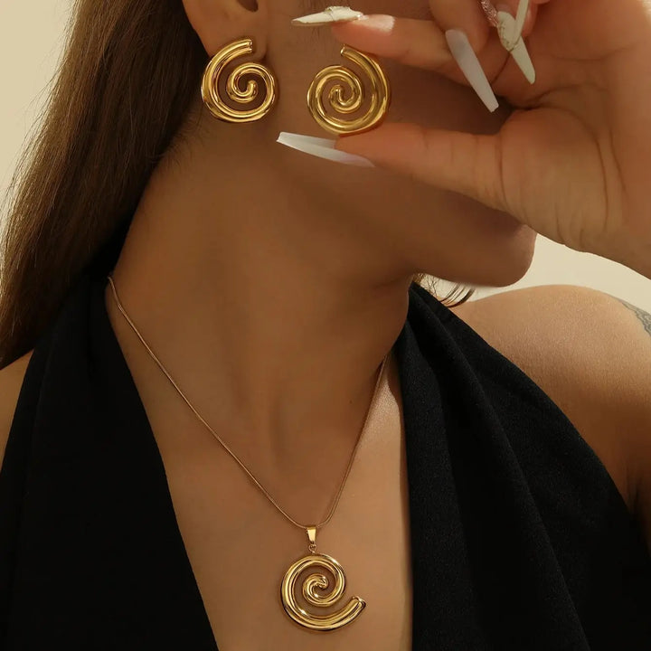 18k Gold Plated Women Jewelry Necklaces Stainless Steel Spiral Stud Earrings Pendant Necklace