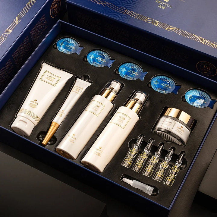 Coffret de soins du visage avec boîte Sérum pour le visage Caviar Essence Ensemble de 15 pièces Kit de soins de la peau hydratants Beauté Santé Soins coréens du visage