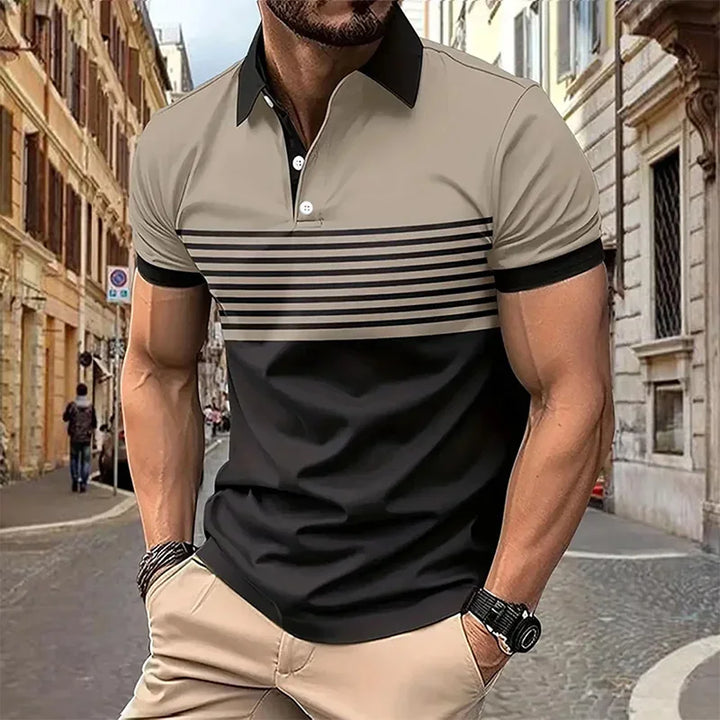 Breathable Stripe Print Sleeve Lapel Short Sleeve T-shirt, Men's Casual Retro Style Button Up Shirt For Summer