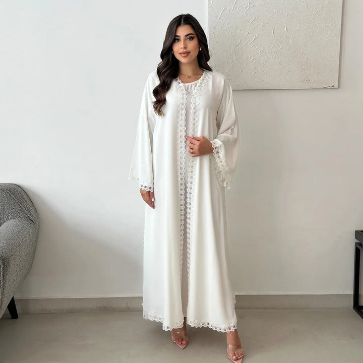 White Lace Open Abaya for Women Muslim Evening Maxi Dress