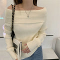 Sexy White Flat-neck Sweater Base with Feminine Collarbone Off-the-shoulder Sweater for Slimming Out Wear