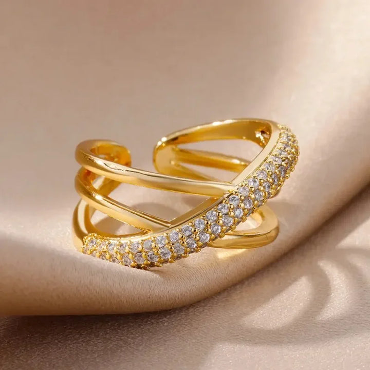 Stainless Steel Cross Zircon Rings for Women Gold Color Ring