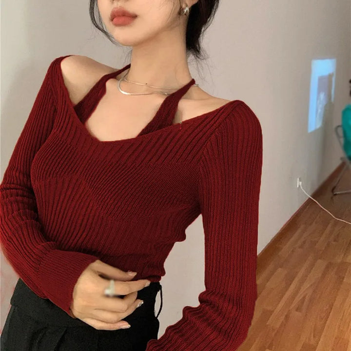 Womens version Long Sleeve Sweater Off Shoulder Knitted Pullover Jumper Sweaters Knit Sweater Casual Loose Blouse