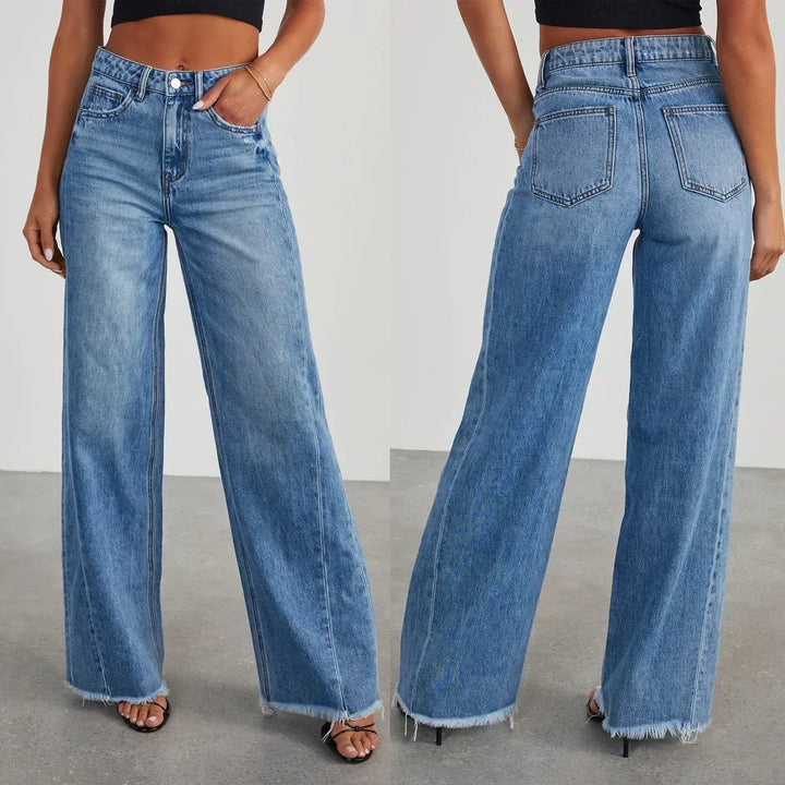 Vêtements pour femmes Jeans amples à jambes larges avec coutures latérales et ourlet effiloché Pantalon en denim taille haute pleine longueur