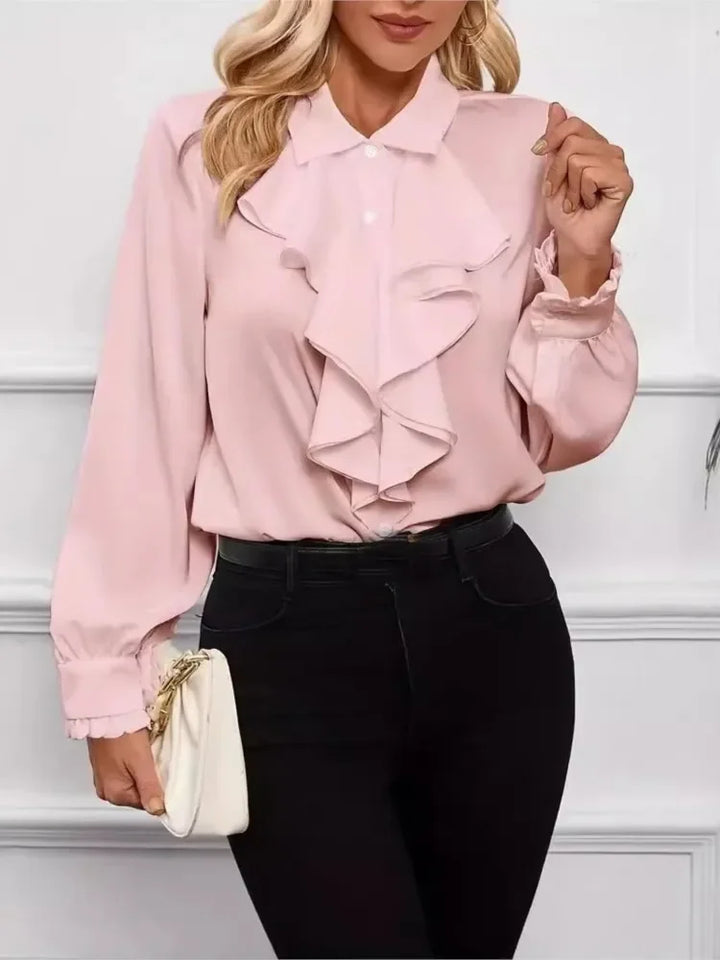 Shirts Fashion White Ruffled Elegant Blouse Tops Women New Long Sleeve Lapel Woman Shirt Solid Office Ladies Tops