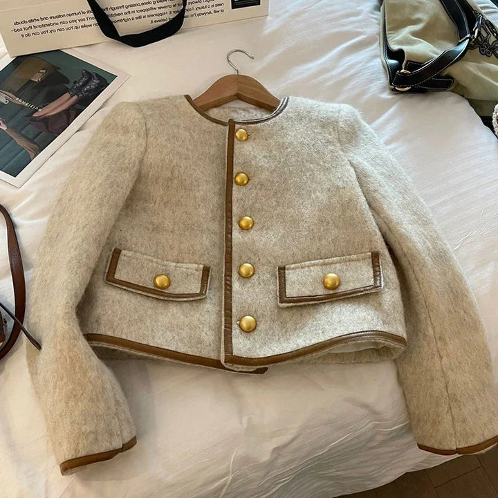 Vintage Cropped Tweed Jacket Women Thicken Quilted Blazer Elegant Short Coat Winter Single Breasted Casual Outerwear Tops