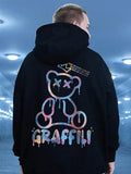 High Street Graffiti Bear Print Men's Fleece Hoodie Retro Casual Pullover Hooded Sweatshirts Hip Hop Hoodies Clothes