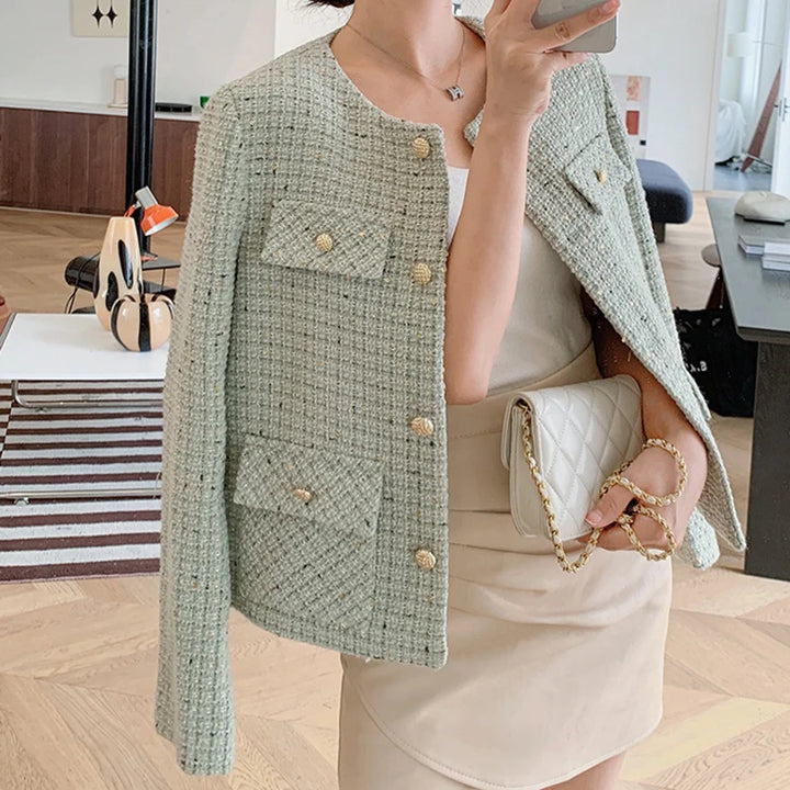 Tweed Single Breasted Elegant Cardigan Coat Long Sleeve Plaid Pockets Outerwear