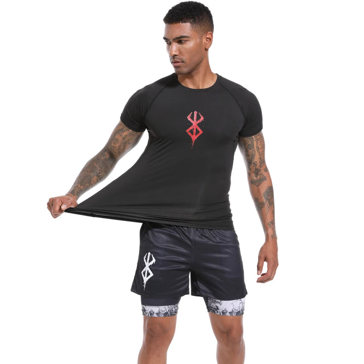 Men Quick Dry Manga Print Rash Guard+Gym Shorts 2PCS