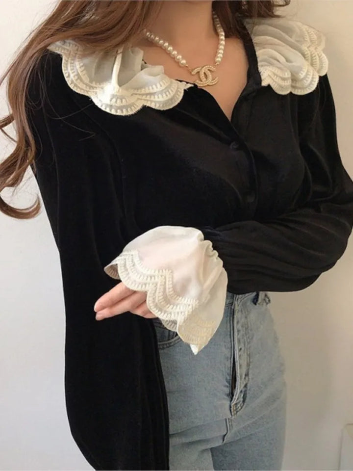 Velvet Shirts Tops Women Lace Patchwork Fashion Ruffle Long Sleeve Ladies Blouses Vintage Korean Loose Woman Shirt