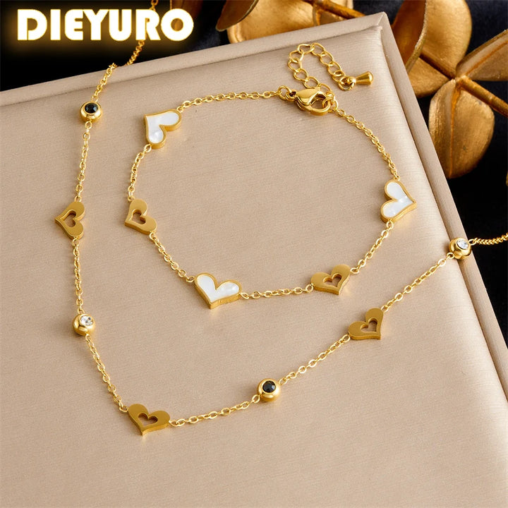 Stainless Steel White Shell Heart-shaped Bracelet Necklace Women