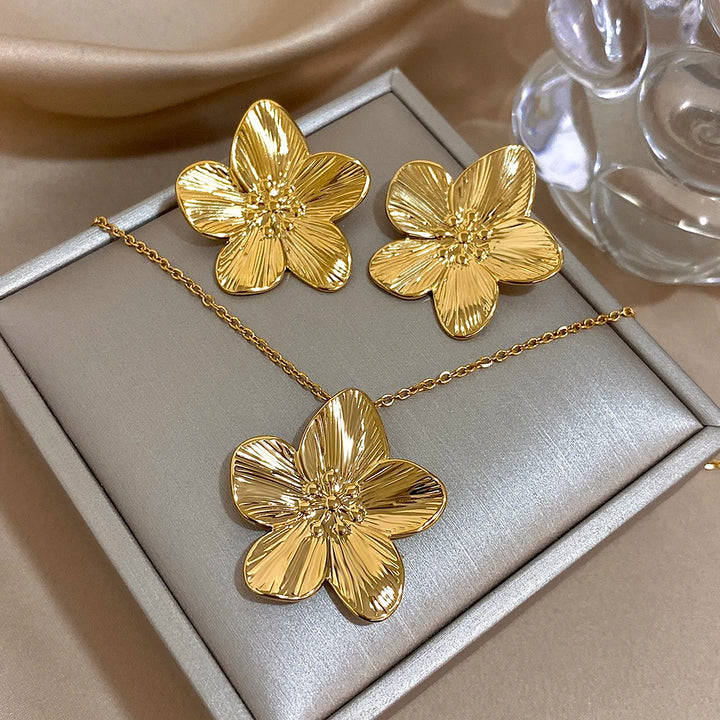 Stainless Steel Gold Plated Flower Earrings Ring Necklace for Women