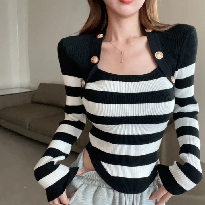 Slim Striped Patchwork Sweaters Long Sleeve Irregular Fashion Pullovers Top Elegant Vintage Women Clothing