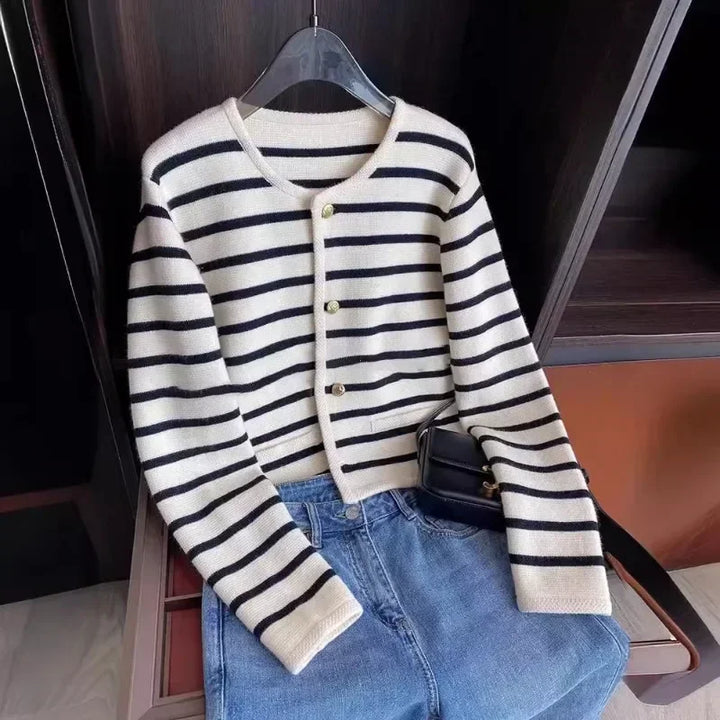 Sweaters O-neck Stripe Knitted Cardigan Fashion Long Sleeve Casual Short Tops Korean Oversized Sweater