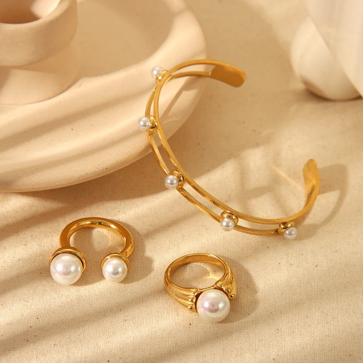 Stainless Steel  Pearls Geometric Open Ring Bangle Bracelet