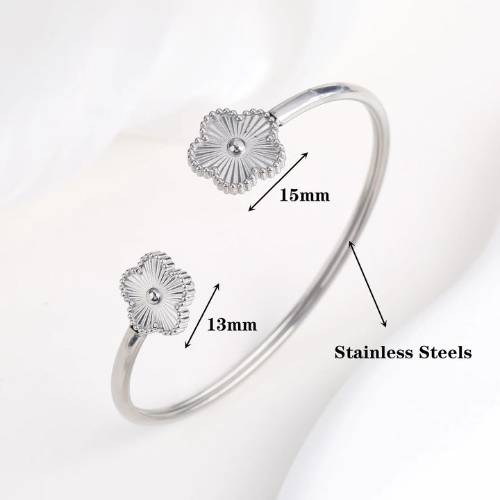 Stainless Steel Botanical Five Leaf Flower Bangle Necklace Ring Jewelry Set