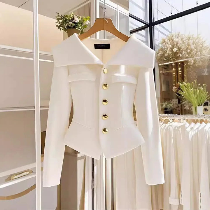 Manteau blanc pour femme, taille à manches longues, slim, chic, court, vêtements d'extérieur, haut de gamme, couleur unie, vêtements de bureau, vestes pour dames