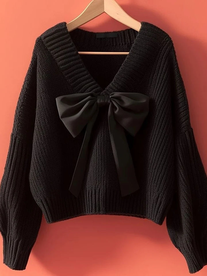 Jmprs Cute Bow Black Sweaters Women Lazy Wind Vintage Knitted Pullovers Korean Loose Long Sleeve Female Preppy Style Sweet Tops