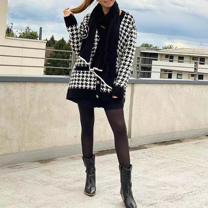 Houndstooth Lazy Style Knitted Cardigan Women