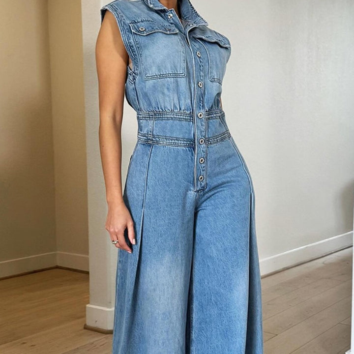 Pantalon large en denim délavé sans manches pour femme