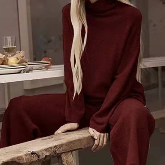 Long Sleeve Wide Leg Pants Fashion Loose High Collar Knit Casual Two-piece Set