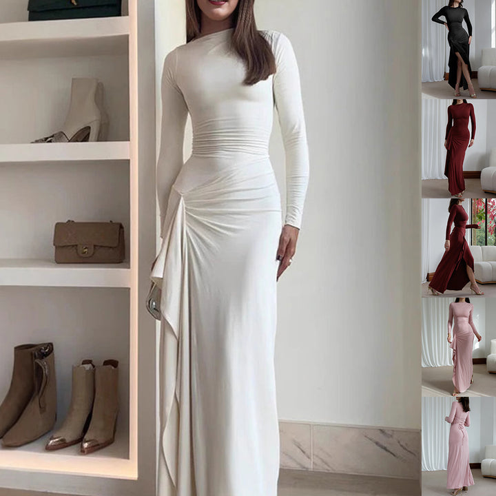 Slim-fitting Long-sleeved Asymmetric Split Dress Ins Fashion Solid Color Long Dresses For Women