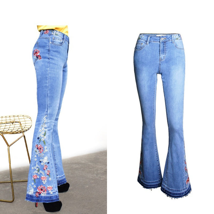 Denim Flared Pants Women Embroidered Embroidery