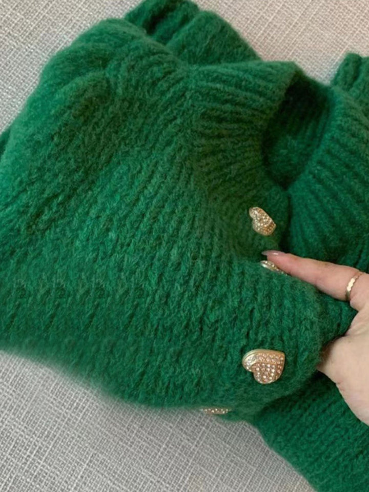 Retro Women Wearing Padded Green Knitted Coat