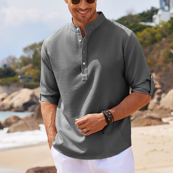 Chemise décontractée à manches longues et col montant pour homme, couleur unie, vêtements pour hommes