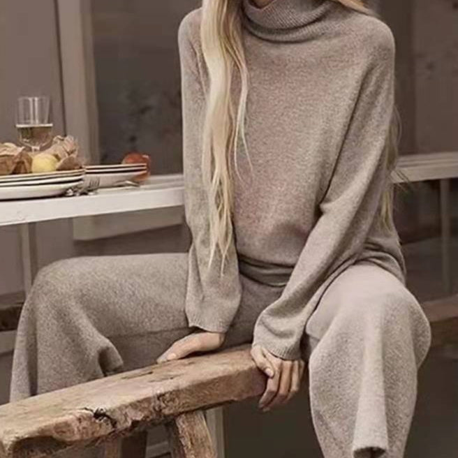 Long Sleeve Wide Leg Pants Fashion Loose High Collar Knit Casual Two-piece Set