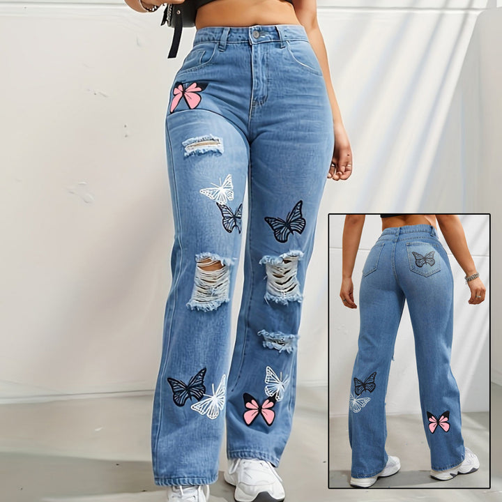 Jean taille haute coupe droite pour femme, pantalon en denim déchiré à imprimé papillon tendance